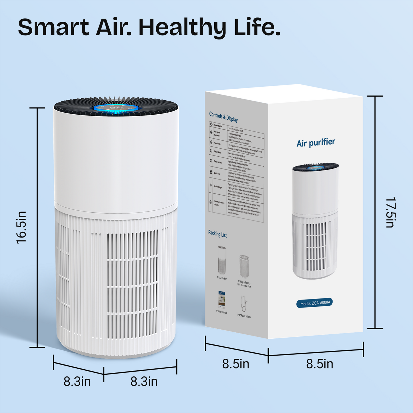 ZhiQi Air Purifiers for Home Large Room up to 1095 ft², H14 True HEPA Air Purifier for Bedroom with 4 Color Lights