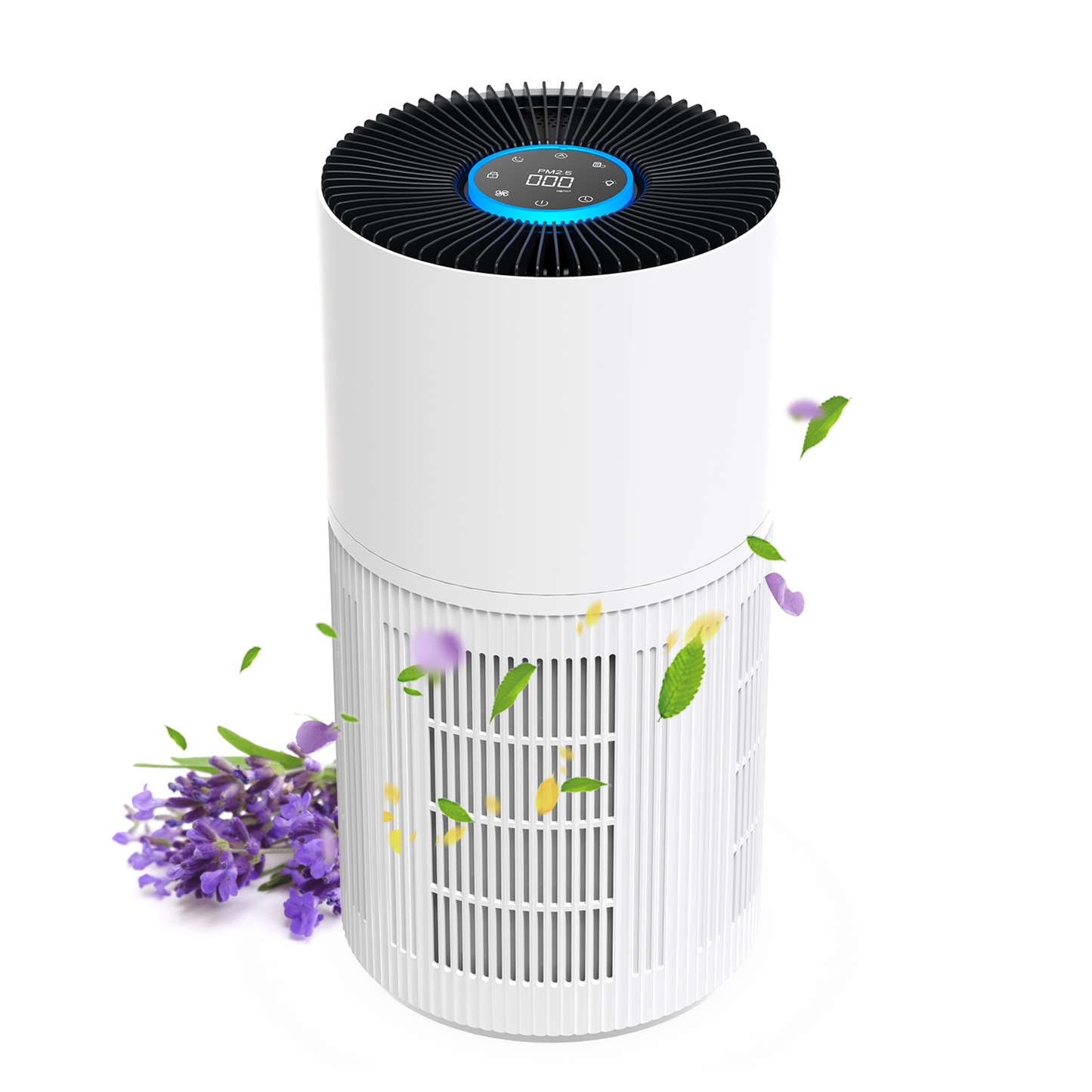 Air purifier with flowers and leaves on a white background