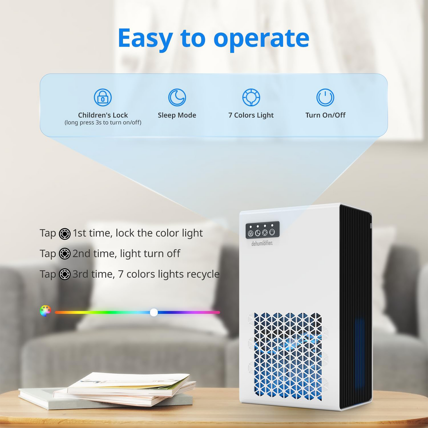 ZhiQi Dehumidifiers for Home, 1000 sq.ft 99oz with with Drain Hose 7 Colors Light for Bedroom Bathroom