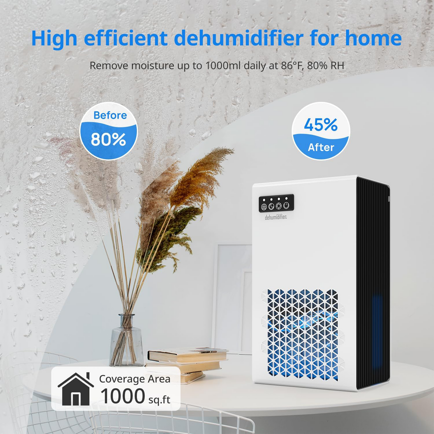 ZhiQi Dehumidifiers for Home, 1000 sq.ft 99oz with with Drain Hose 7 Colors Light for Bedroom Bathroom