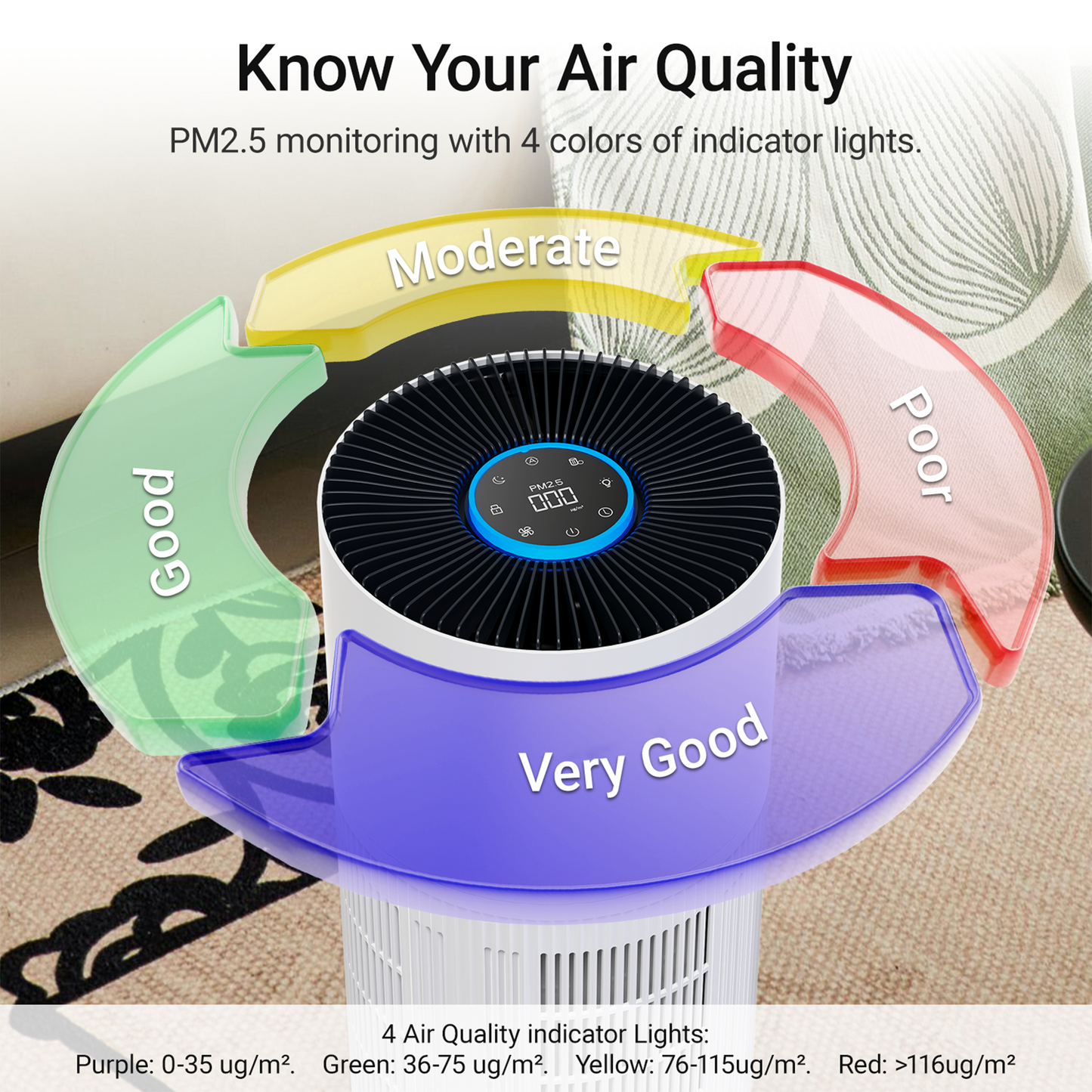 ZhiQi Air Purifiers for Home Large Room up to 1095 ft², H14 True HEPA Air Purifier for Bedroom with 4 Color Lights