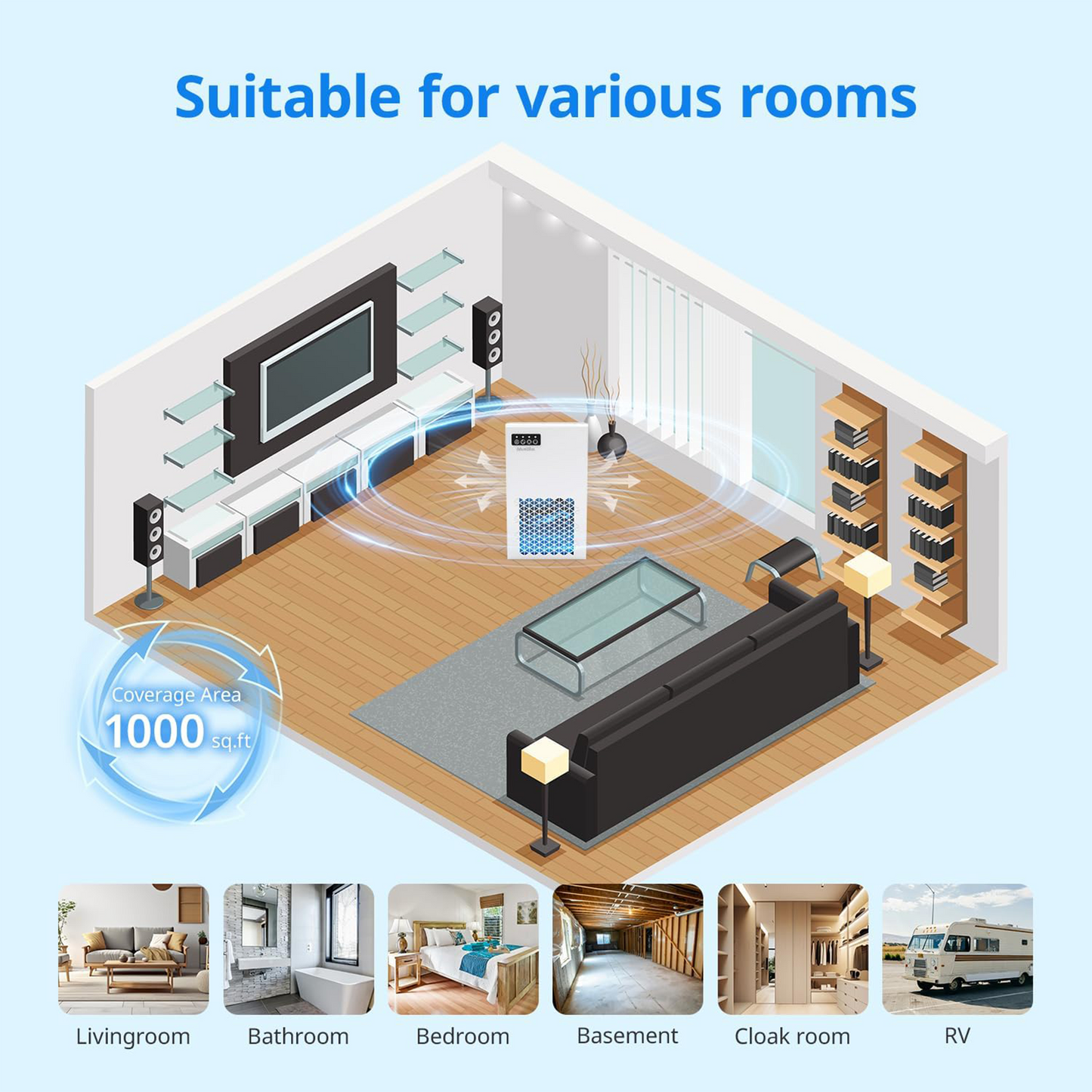 ZhiQi Dehumidifiers for Home, 1000 sq.ft 99oz with with Drain Hose 7 Colors Light for Bedroom Bathroom