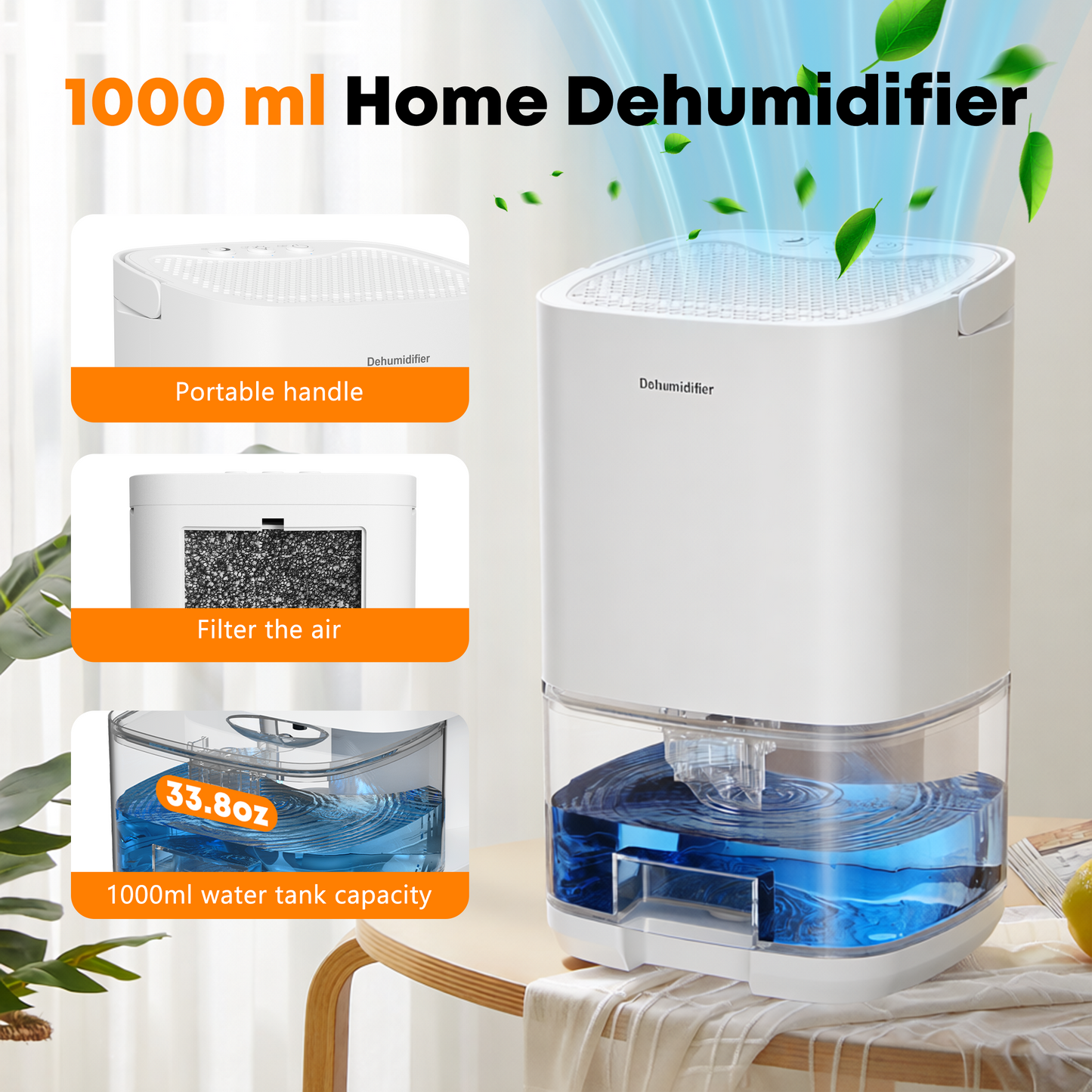 Dehumidifier, 35OZ Water Tank Dehumidifiers for Home, Quiet Dehumidifier for Basement Bathroom Bedroom RV with Auto Shut Off, 7 Color Light, White
