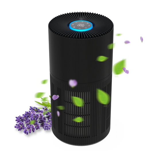 Black cylindrical air purifier with lavender and leaves on a white background