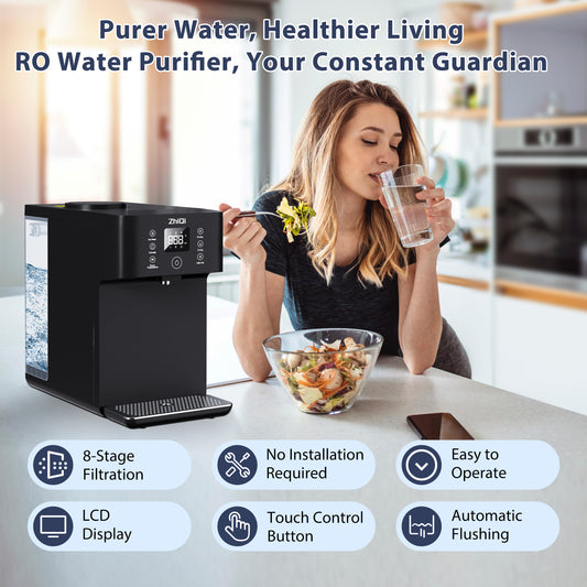 ZhiQi Countertop Reverse Osmosis Water Filter System,8 Stage RO Water Purifier, 4:1 Pure to Drain,Reduce impurities, Live Healthier