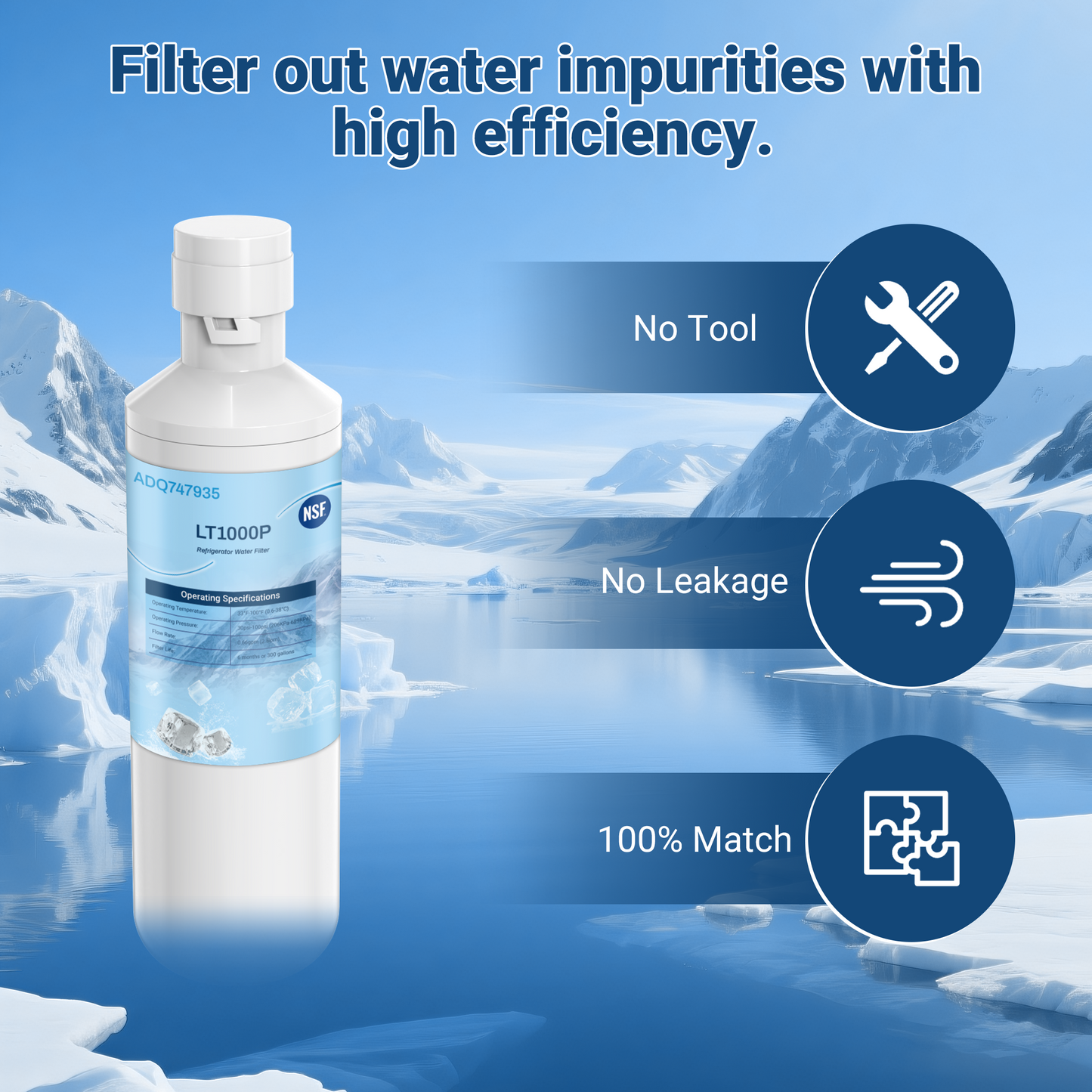 ADQ747935 LT1000PC Replacement for LG LT1000P/PC/PCS ThinQ Refrigerator Water Filter, LFXS26973S, LMXS28626S, LMWS27626S, LFXS28596S, ADQ74793501 and LT120F