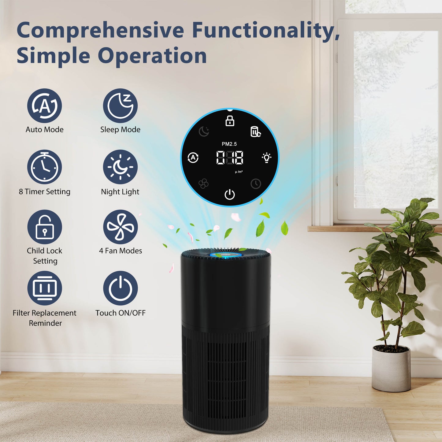 ZhiQi H14 True HEPA Air Purifier 4 Light and Sleep Mode 8 Timer for Home Office Dorm Hotel