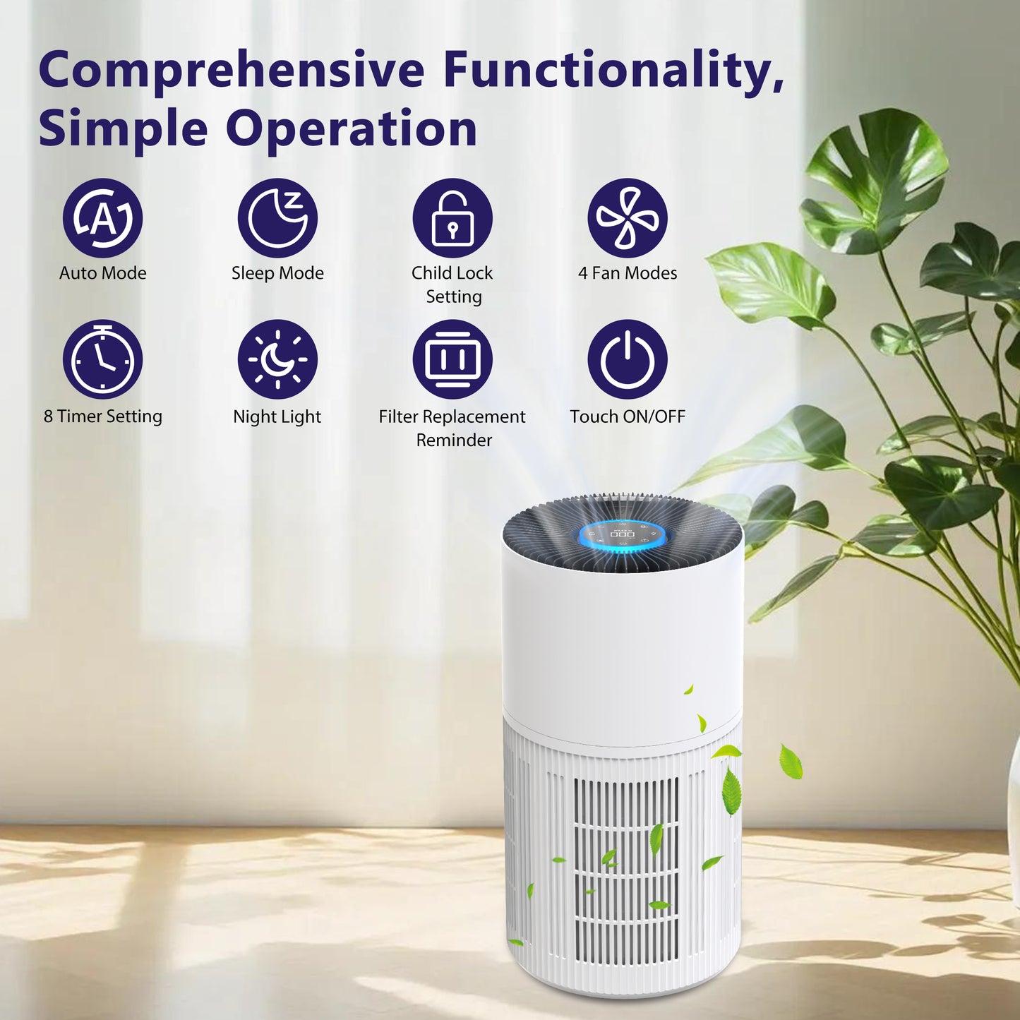 ZhiQi Air Purifiers for Home Large Room up to 1095 ft², H14 True HEPA Air Purifier for Bedroom with 4 Color Lights