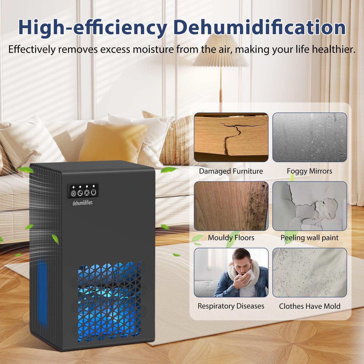 ZhiQi 家用除湿机，1000 平方英尺，99 盎司，带排水软管，7 色灯，适用于卧室浴室