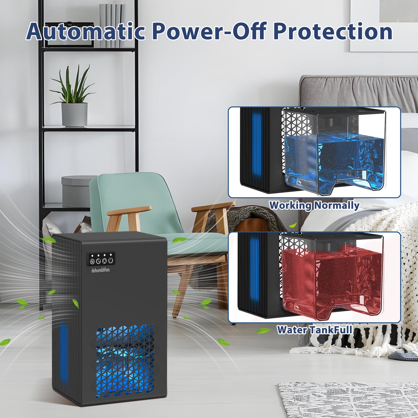 ZhiQi 家用除湿机，1000 平方英尺，99 盎司，带排水软管，7 色灯，适用于卧室浴室